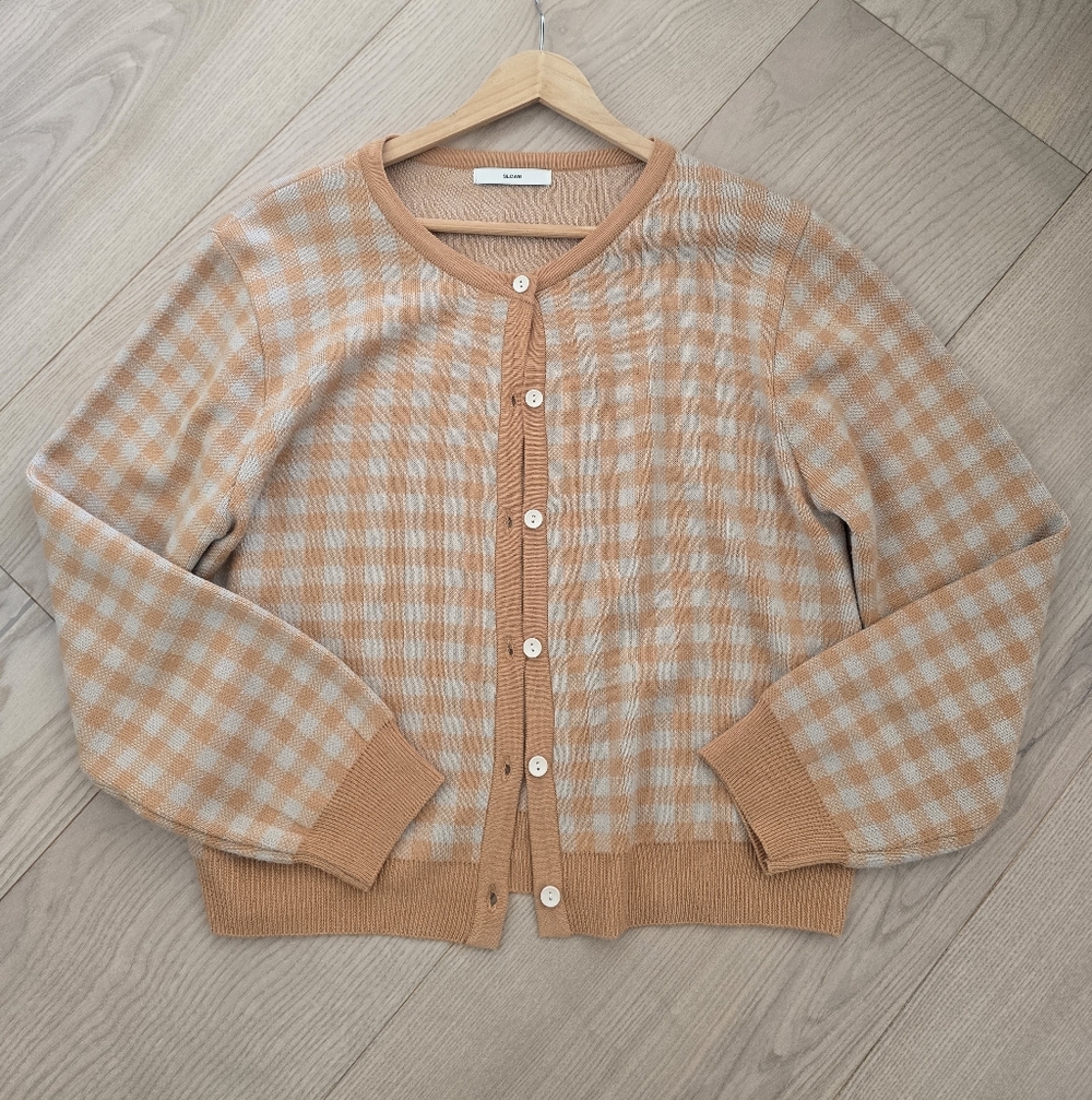 Apricot & Cream Checkered Button-Up Knit Cardigan Sweater K-Fashion Chic M/L